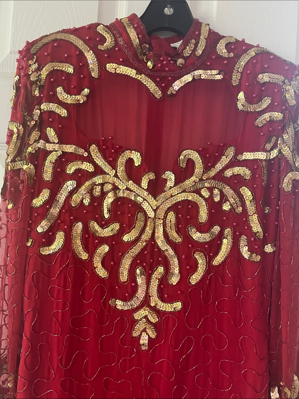 Laurence Kazar Red Long Sleeve Evening Gown with Gold Embellishment - Picture 2 of 6